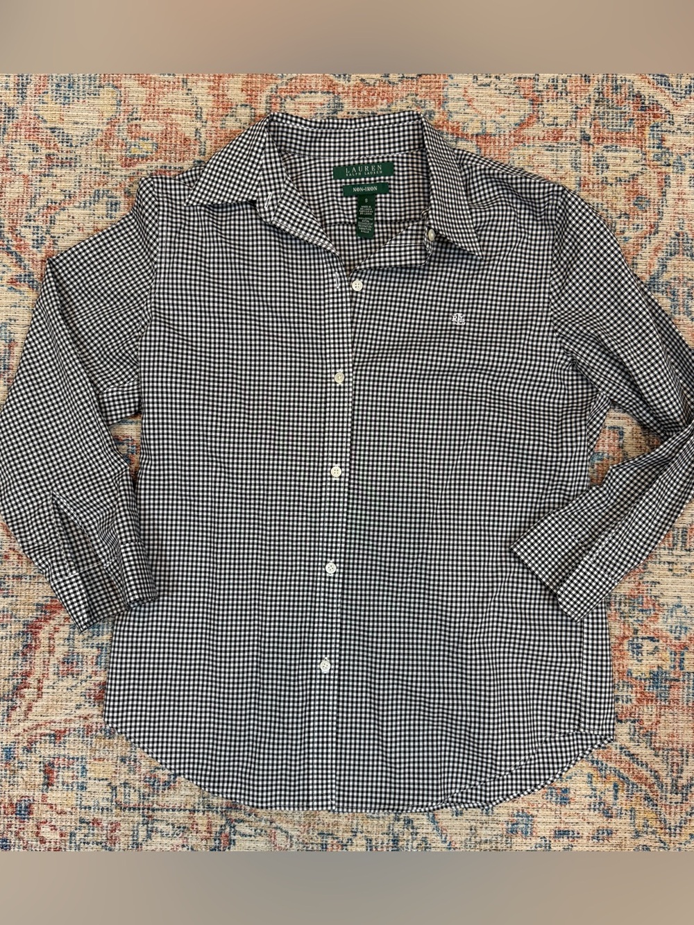 Lauren Ralph Lauren GINGHAM Button Up Shirt Top Black White Cotton Size S Preppy - Picture 7 of 10